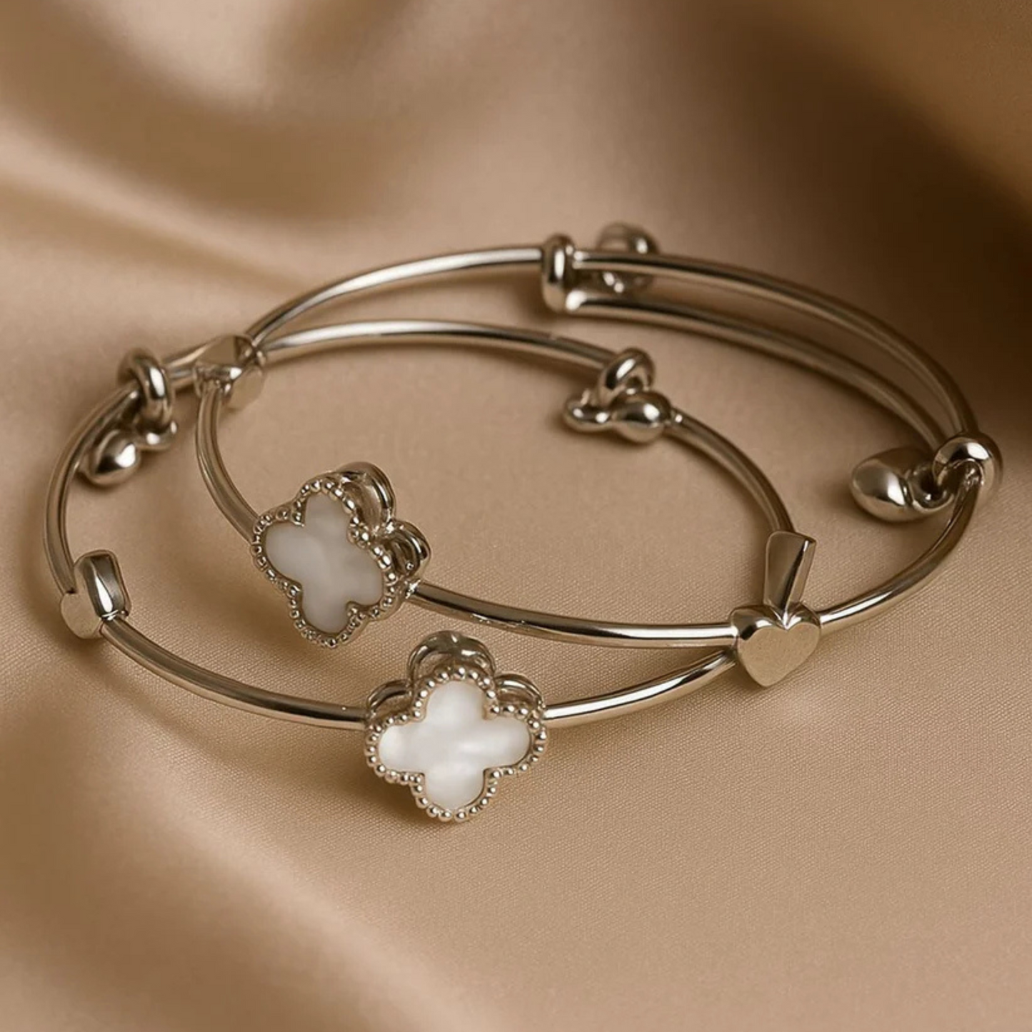 Silver Clover and Heart Bangle Set