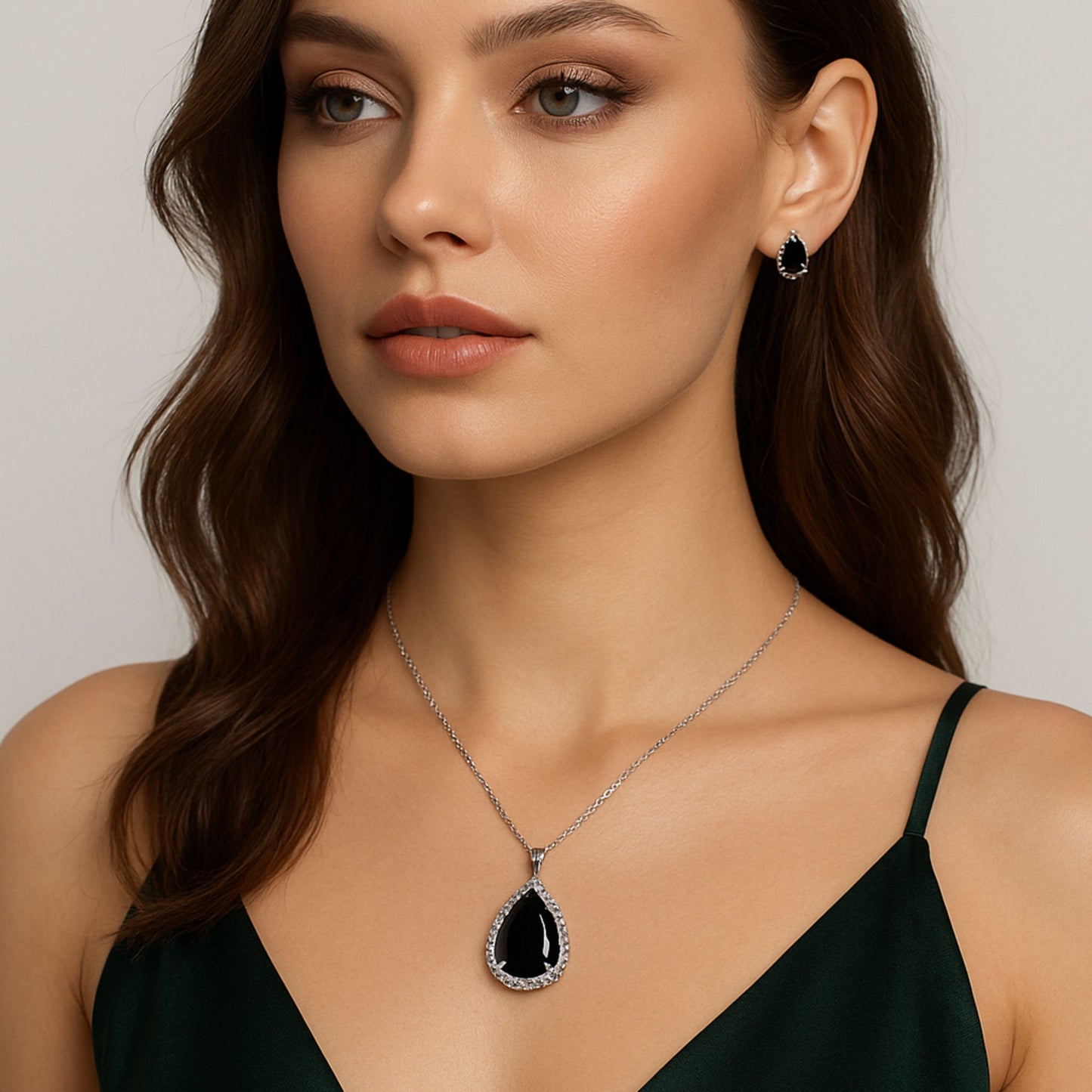 Silver & Onyx Hue Drop Pendant Set