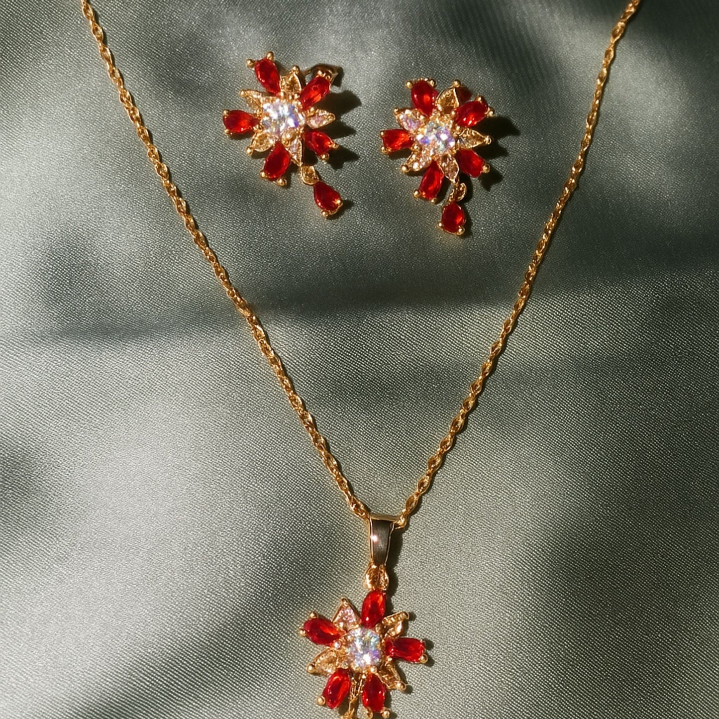 Ruby Red Starburst Necklace & Earrings