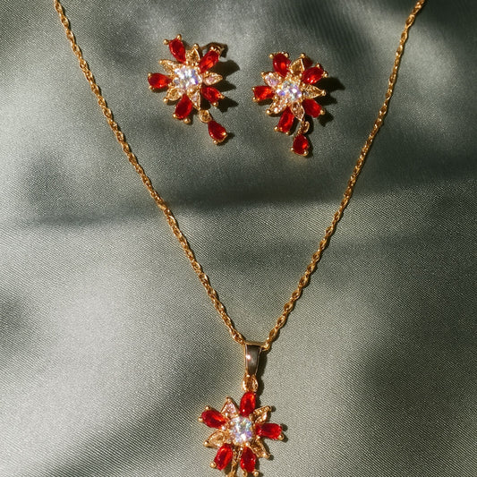 Ruby Red Starburst Necklace & Earrings