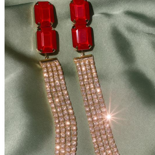 Gold & Red Crystal Drop Tassel Earrings