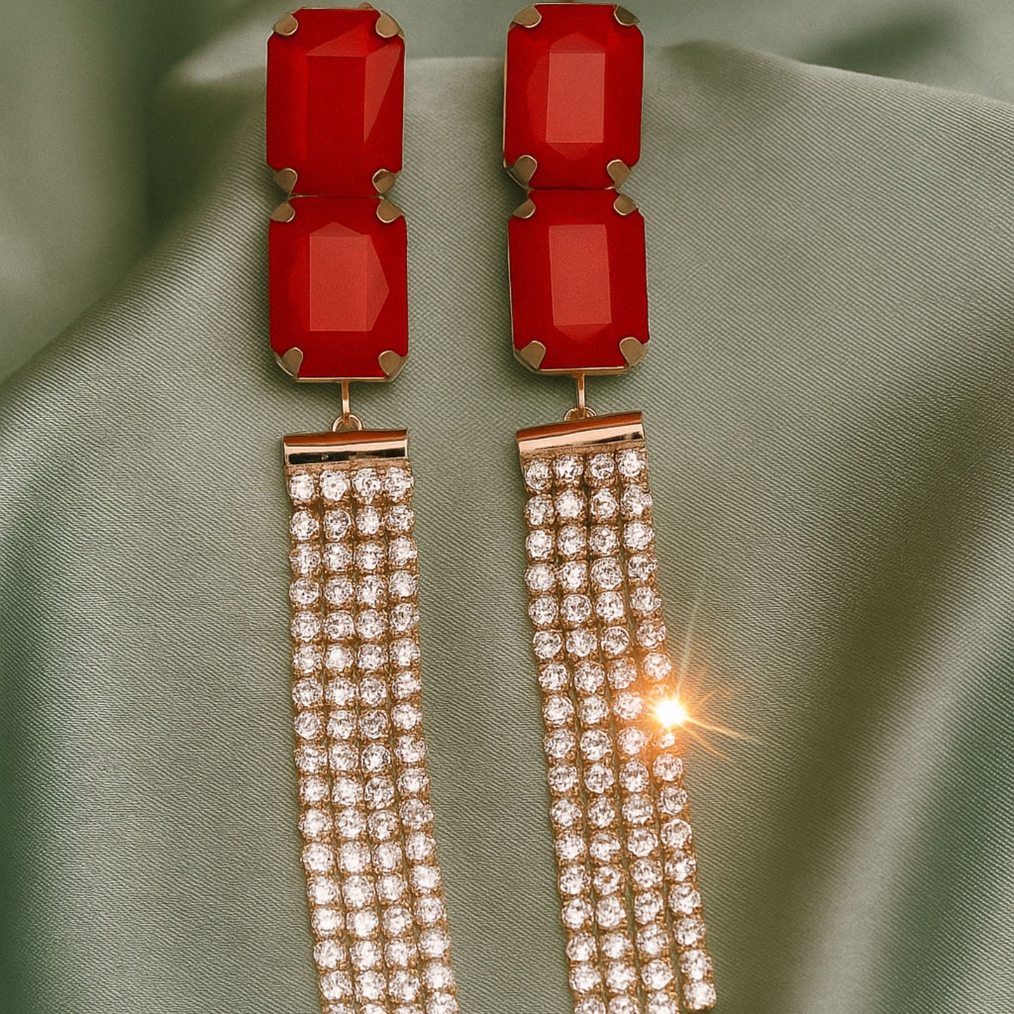 Gold & Red Crystal Drop Tassel Earrings
