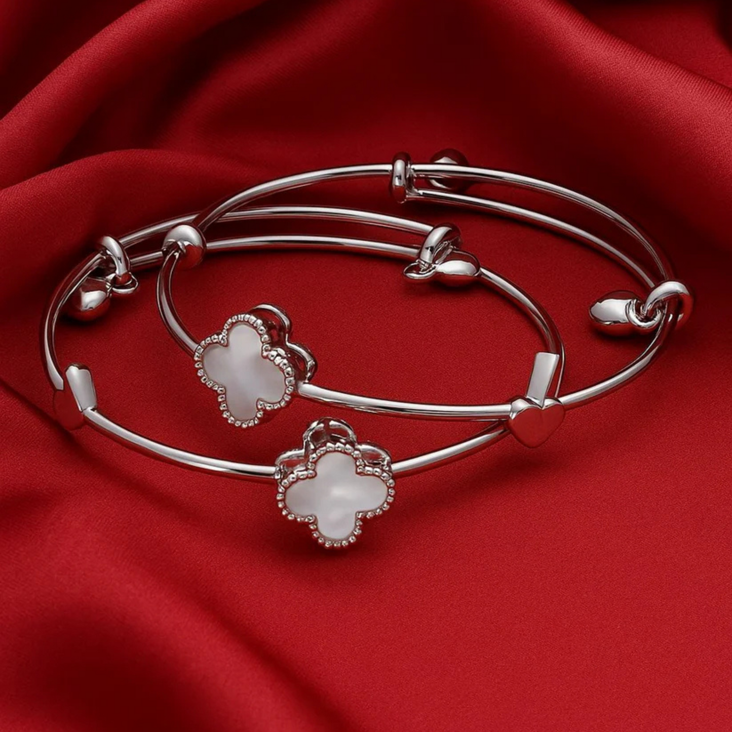 Silver Clover and Heart Bangle Set
